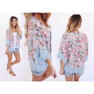 Blue & Pink Rose Floral Lace Kimono